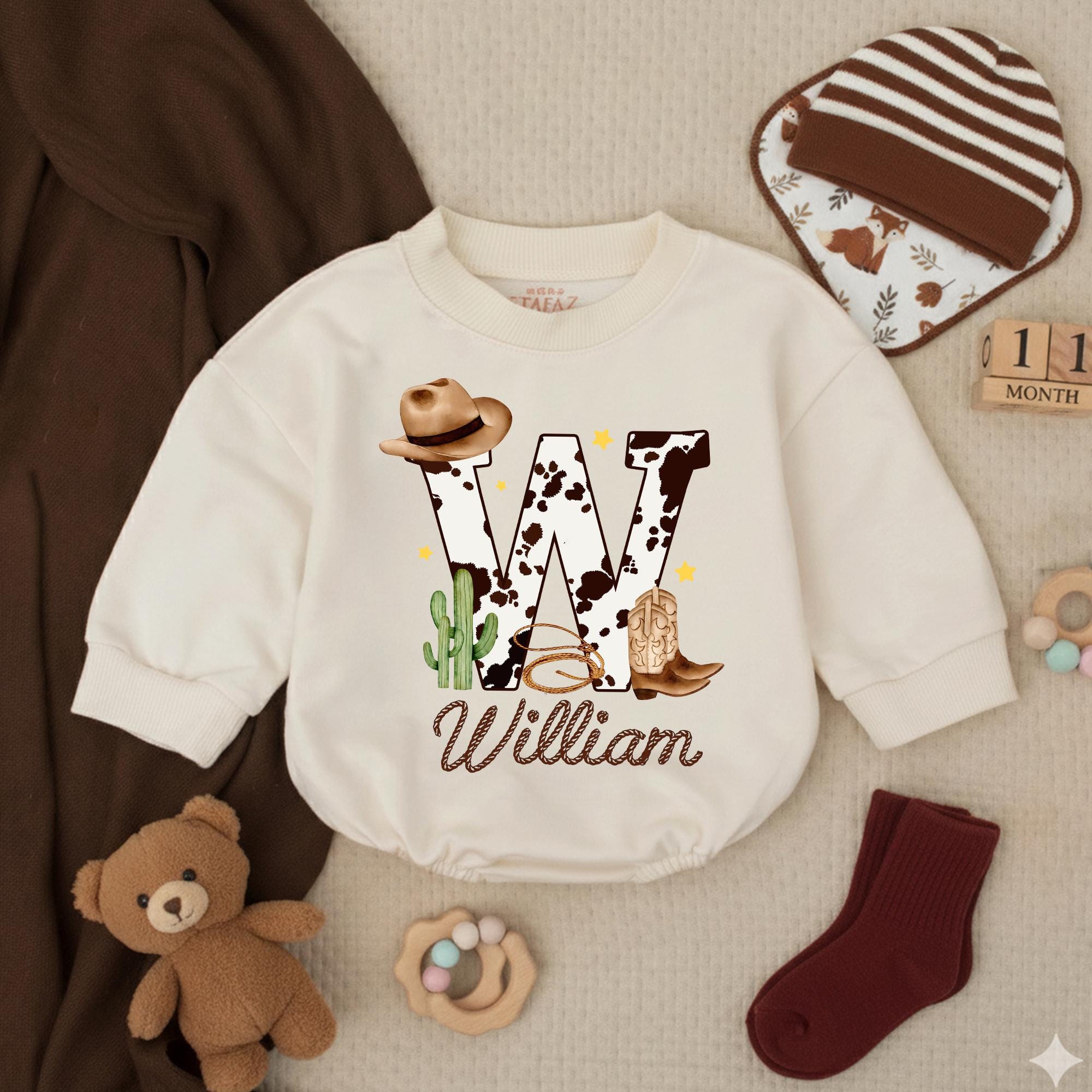 Western Cowboy Baby Romper with Cow Print Initial and Custom Name, Rodeo Outfit for Newborns, Rustic Baby Shower Gift Idea