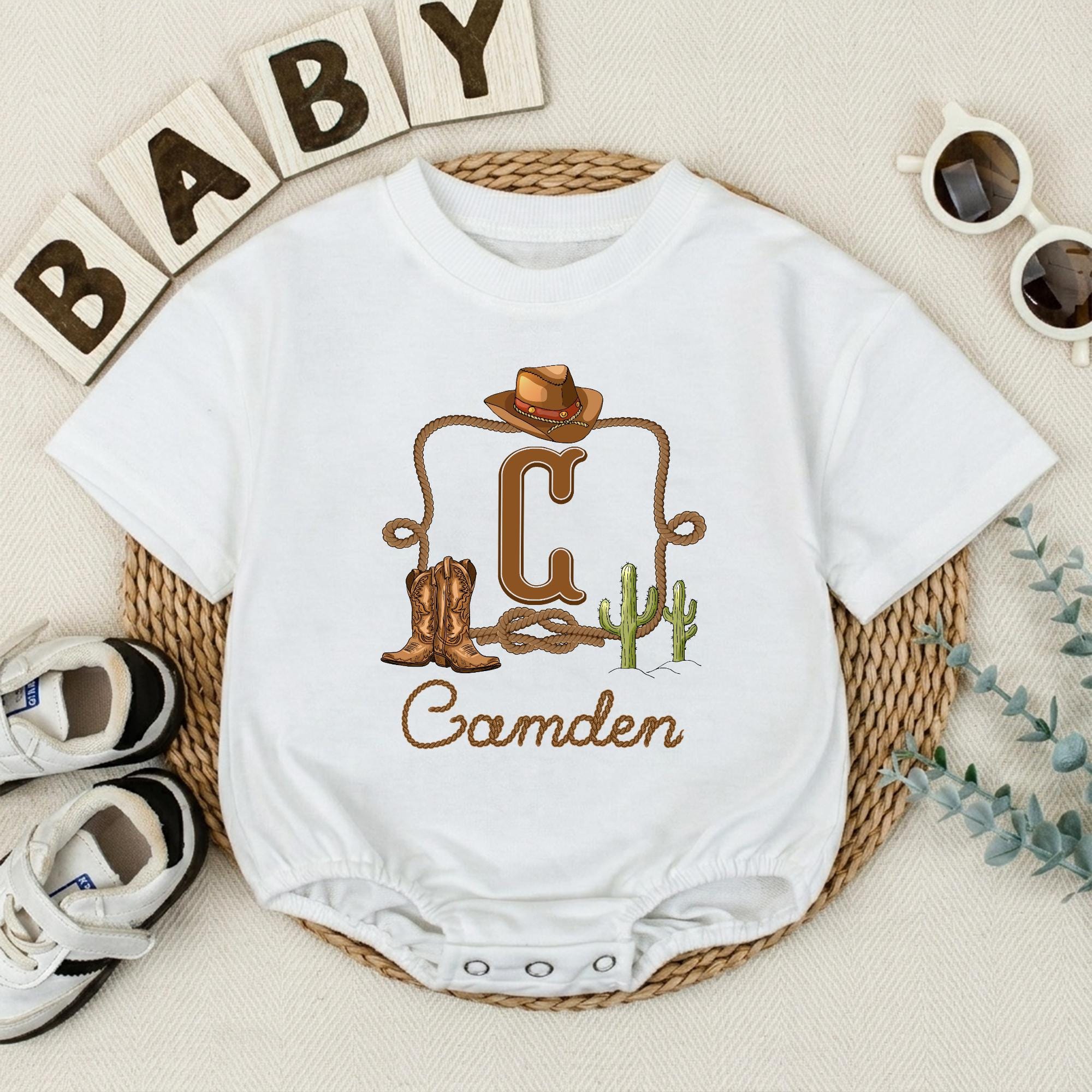 Western Cowboy Baby Romper with Hat and Boots Design, Custom Name Outfit, My First Rodeo Coming Home Clothes, Baby Shower Gift