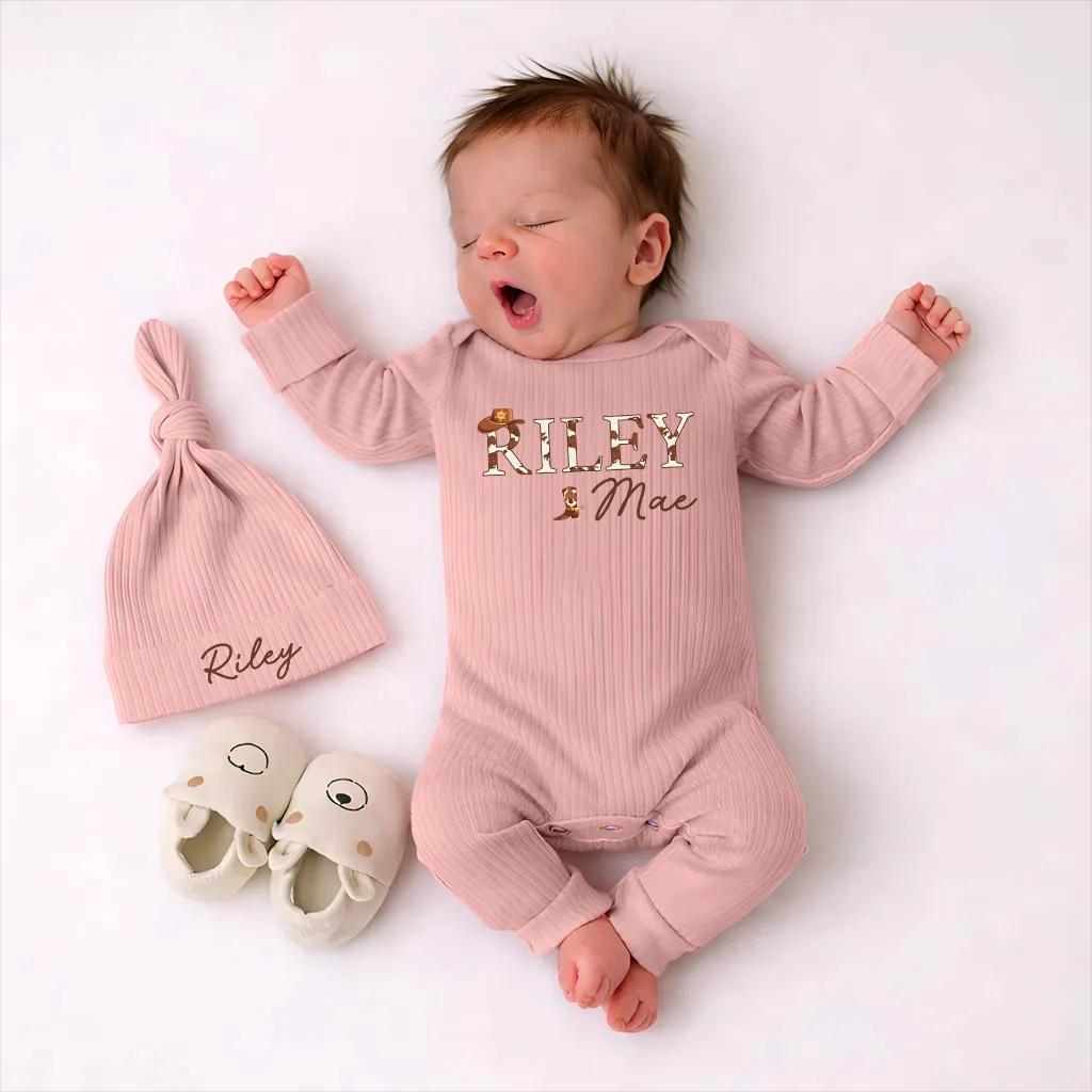 Western Cowgirl Baby Girl Bodysuit with Custom Name and Hat Set, Pink Ribbed Coming Home Outfit, Country Newborn Gift