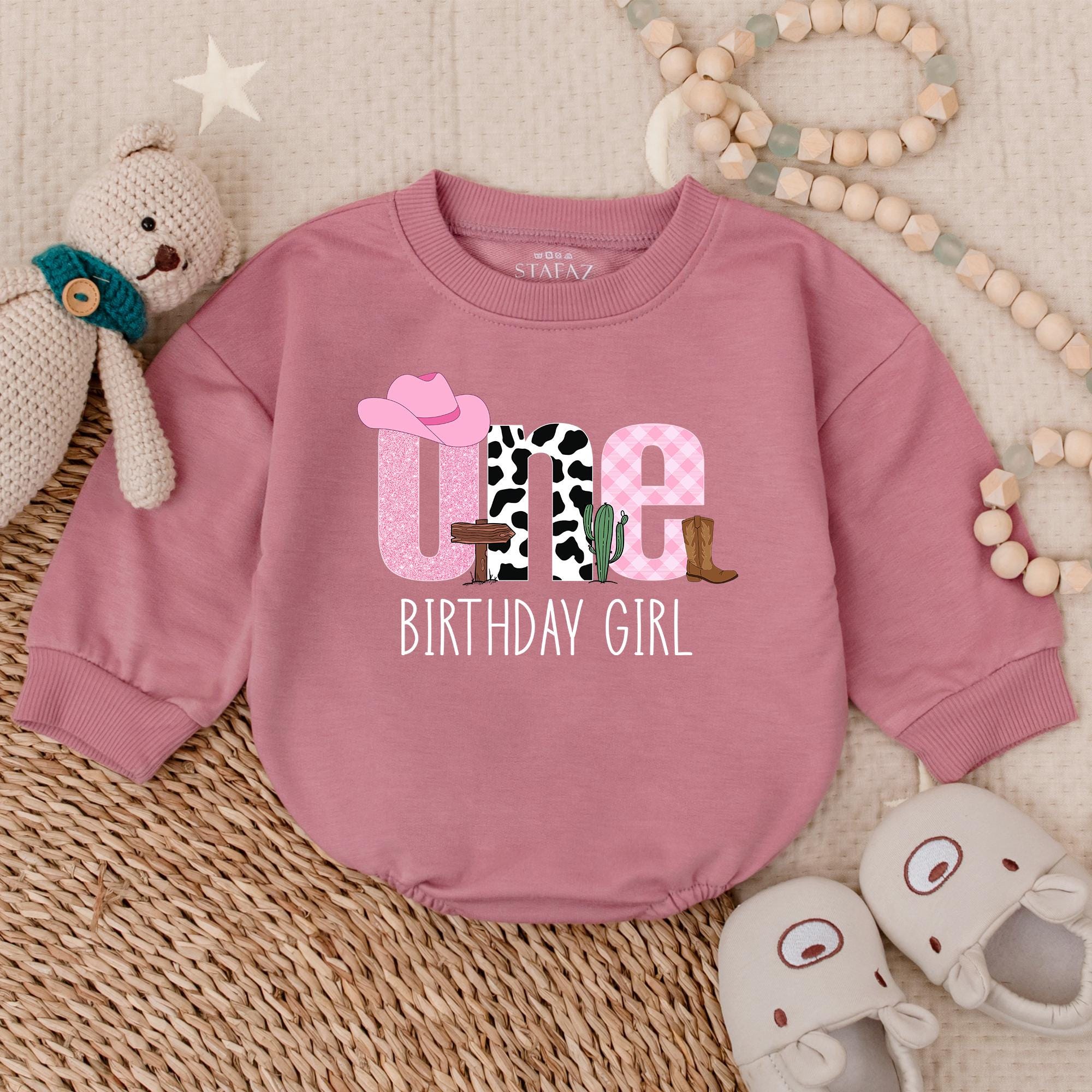 Western Cowgirl Birthday Girl Romper Pink Hat Cow Print Fun One Year Old Outfit First Birthday Gift Baby Party Clothes
