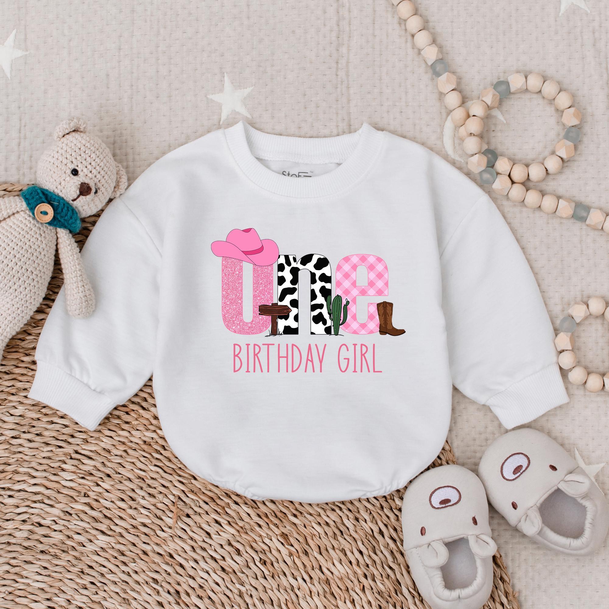 Western Cowgirl Birthday Girl Romper Pink Hat Cow Print Fun One Year Old Outfit First Birthday Gift Baby Party Clothes