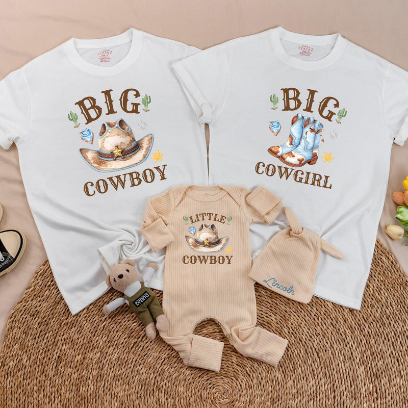 Western Family Matching Shirts Big Cowboy Little Cowboy Baby Outfit Big Cowgirl Tees Soft Cotton First Rodeo or Coming Home Gift