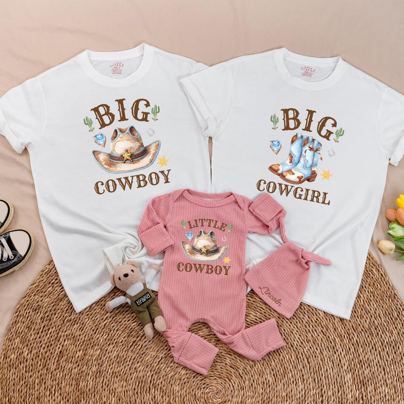 Western Family Matching Shirts Big Cowboy Little Cowboy Baby Outfit Big Cowgirl Tees Soft Cotton First Rodeo or Coming Home Gift