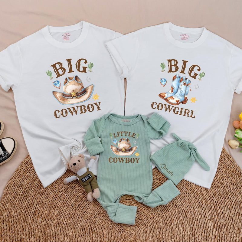 Western Family Matching Shirts Big Cowboy Little Cowboy Baby Outfit Big Cowgirl Tees Soft Cotton First Rodeo or Coming Home Gift