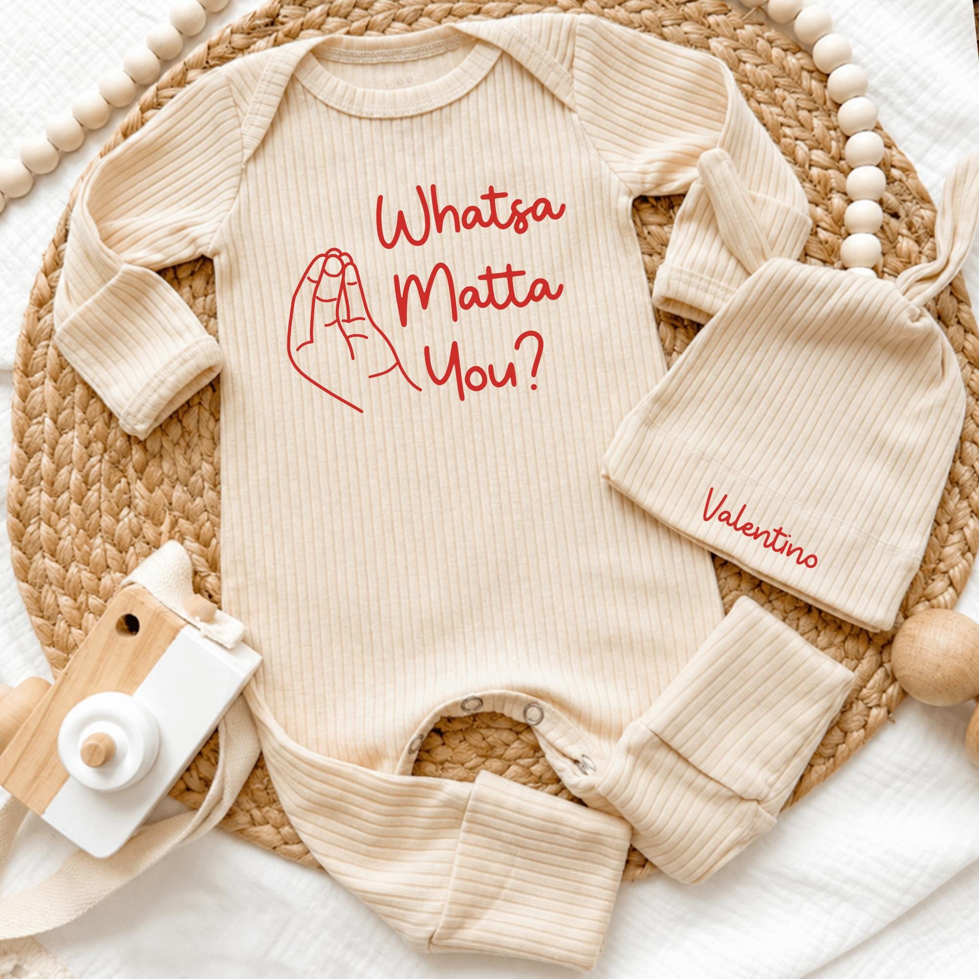Whatsa Matta You Baby Bodysuit and Hat Set with Custom Name, Funny Italian Newborn Outfit, Baby Shower Gift, Soft Cotton Romper