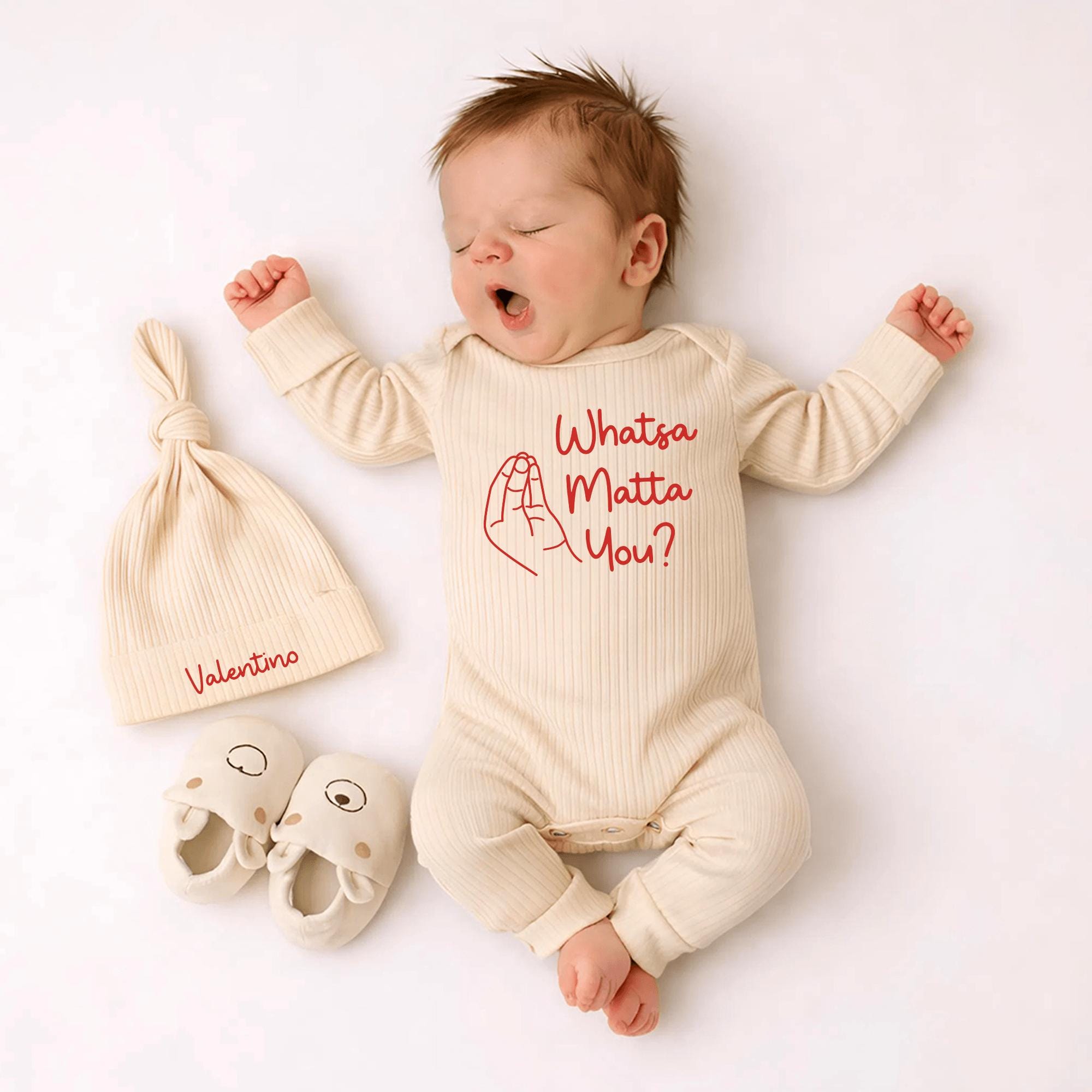 Whatsa Matta You Baby Bodysuit and Hat Set with Custom Name, Funny Italian Newborn Outfit, Baby Shower Gift, Soft Cotton Romper