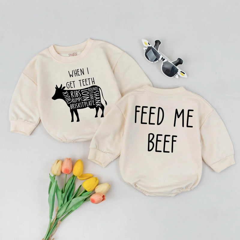 When I Get Teeth Feed Me Beef Baby Romper Cute Cow Design Infant Bodysuit Funny Farm Animal Outfit Newborn Gift Soft Cotton Clothes