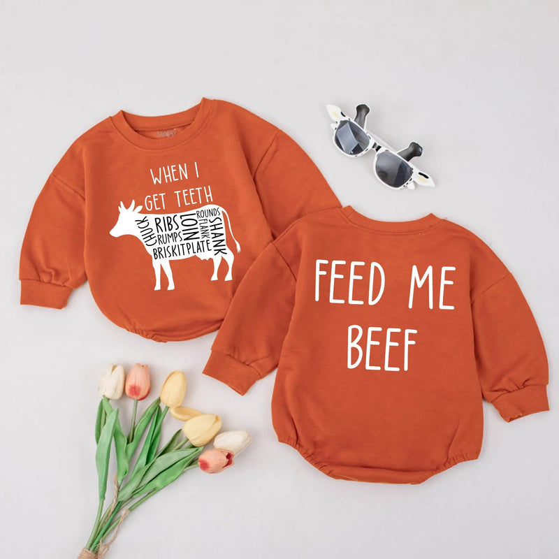 When I Get Teeth Feed Me Beef Baby Romper Cute Cow Design Infant Bodysuit Funny Farm Animal Outfit Newborn Gift Soft Cotton Clothes