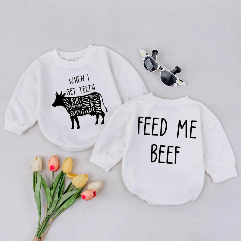 When I Get Teeth Feed Me Beef Baby Romper Cute Cow Design Infant Bodysuit Funny Farm Animal Outfit Newborn Gift Soft Cotton Clothes