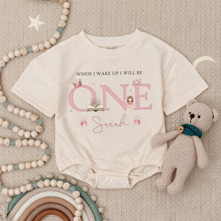 When I Wake Up I Will Be One Baby Romper with Custom Name, Pink Ballet Motif First Birthday Outfit, Milestone Cake Smash Bodysuit