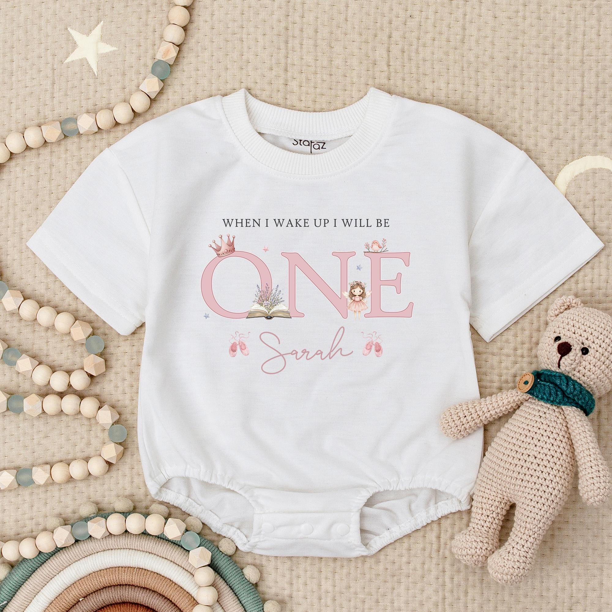 When I Wake Up I Will Be One Baby Romper with Custom Name, Pink Ballet Motif First Birthday Outfit, Milestone Cake Smash Bodysuit
