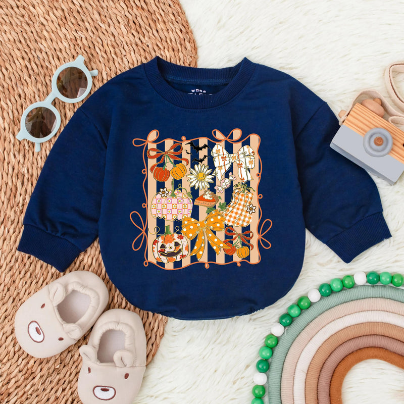 Whimsical Autumn Pumpkin Floral Romper Baby Girl Thanksgiving Outfit Toddler's Festive Fall Clothes Halloween Gift Vibrant Colors