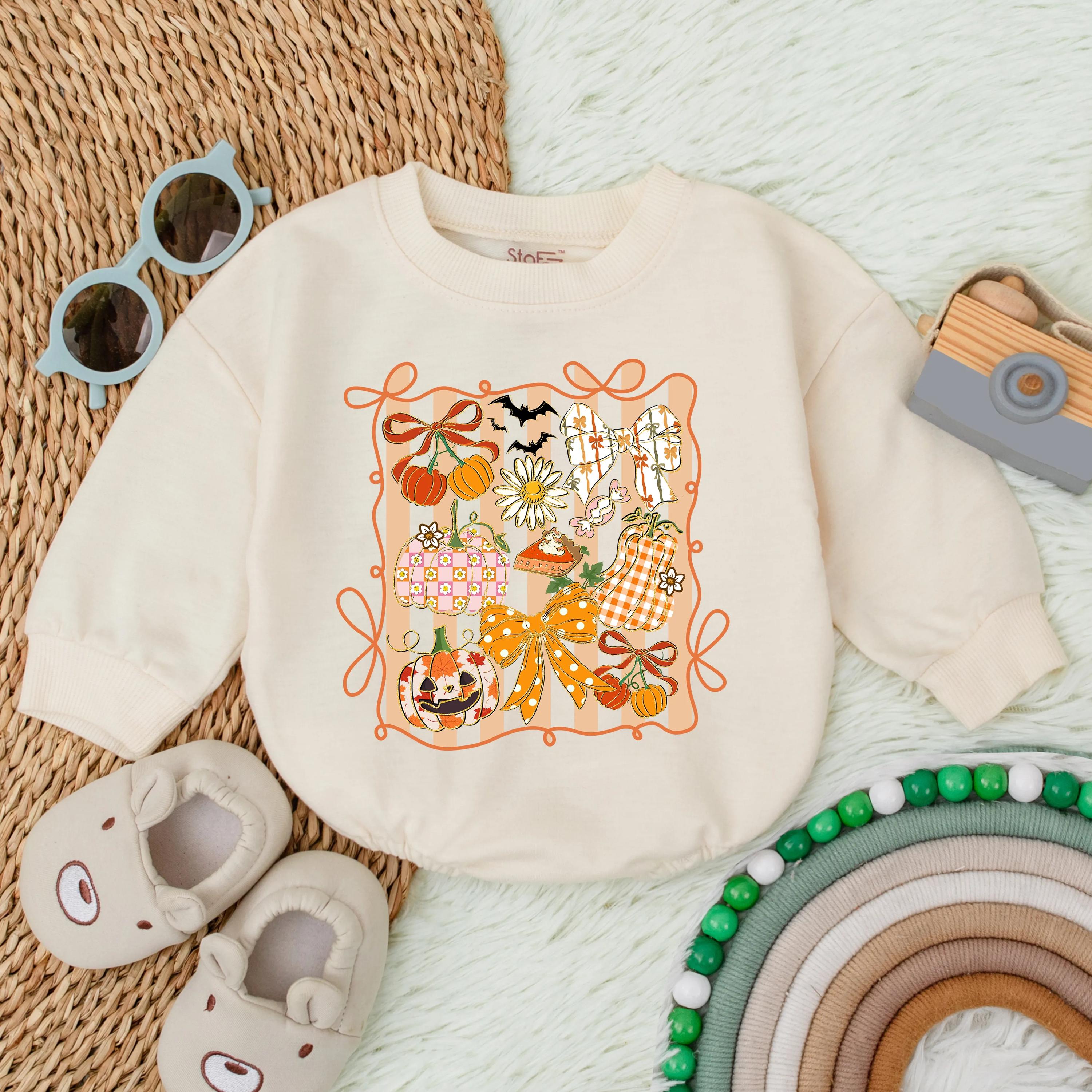 Whimsical Autumn Pumpkin Floral Romper Baby Girl Thanksgiving Outfit Toddler's Festive Fall Clothes Halloween Gift Vibrant Colors
