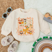 Whimsical Autumn Pumpkin Floral Romper Baby Girl Thanksgiving Outfit Toddler's Festive Fall Clothes Halloween Gift Vibrant Colors