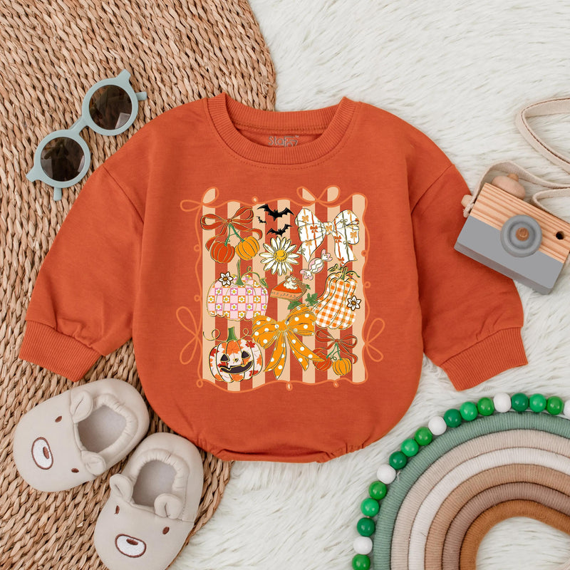 Whimsical Autumn Pumpkin Floral Romper Baby Girl Thanksgiving Outfit Toddler's Festive Fall Clothes Halloween Gift Vibrant Colors