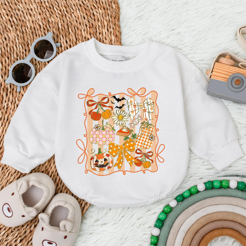 Whimsical Autumn Pumpkin Floral Romper Baby Girl Thanksgiving Outfit Toddler's Festive Fall Clothes Halloween Gift Vibrant Colors