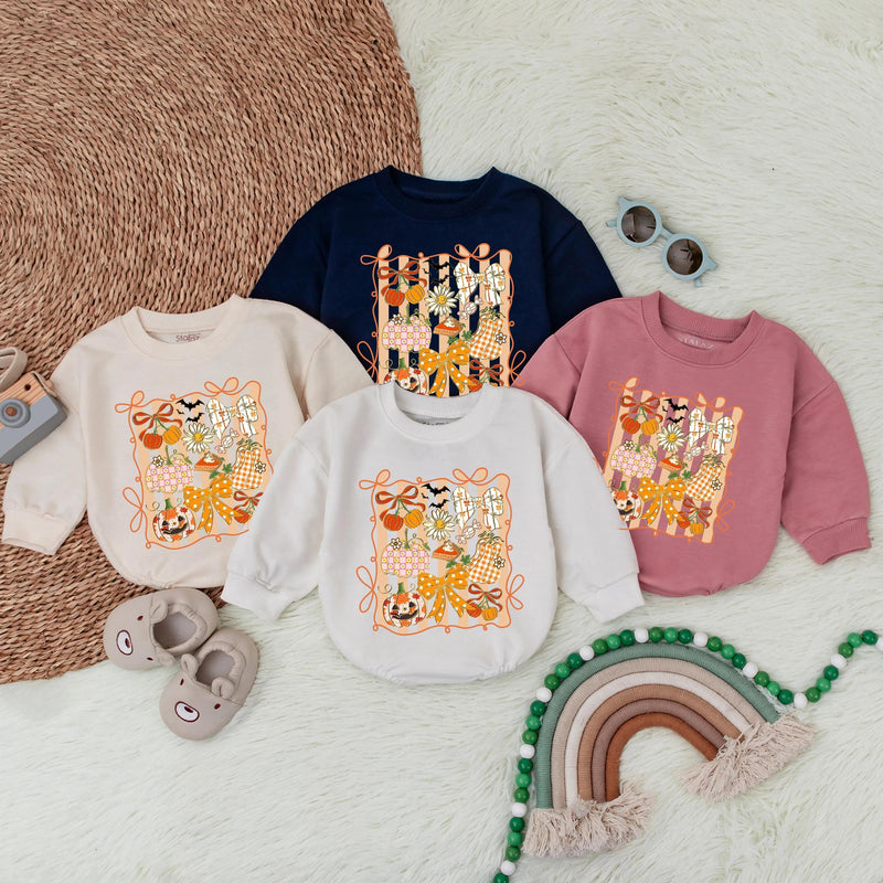 Whimsical Autumn Pumpkin Floral Romper Baby Girl Thanksgiving Outfit Toddler's Festive Fall Clothes Halloween Gift Vibrant Colors