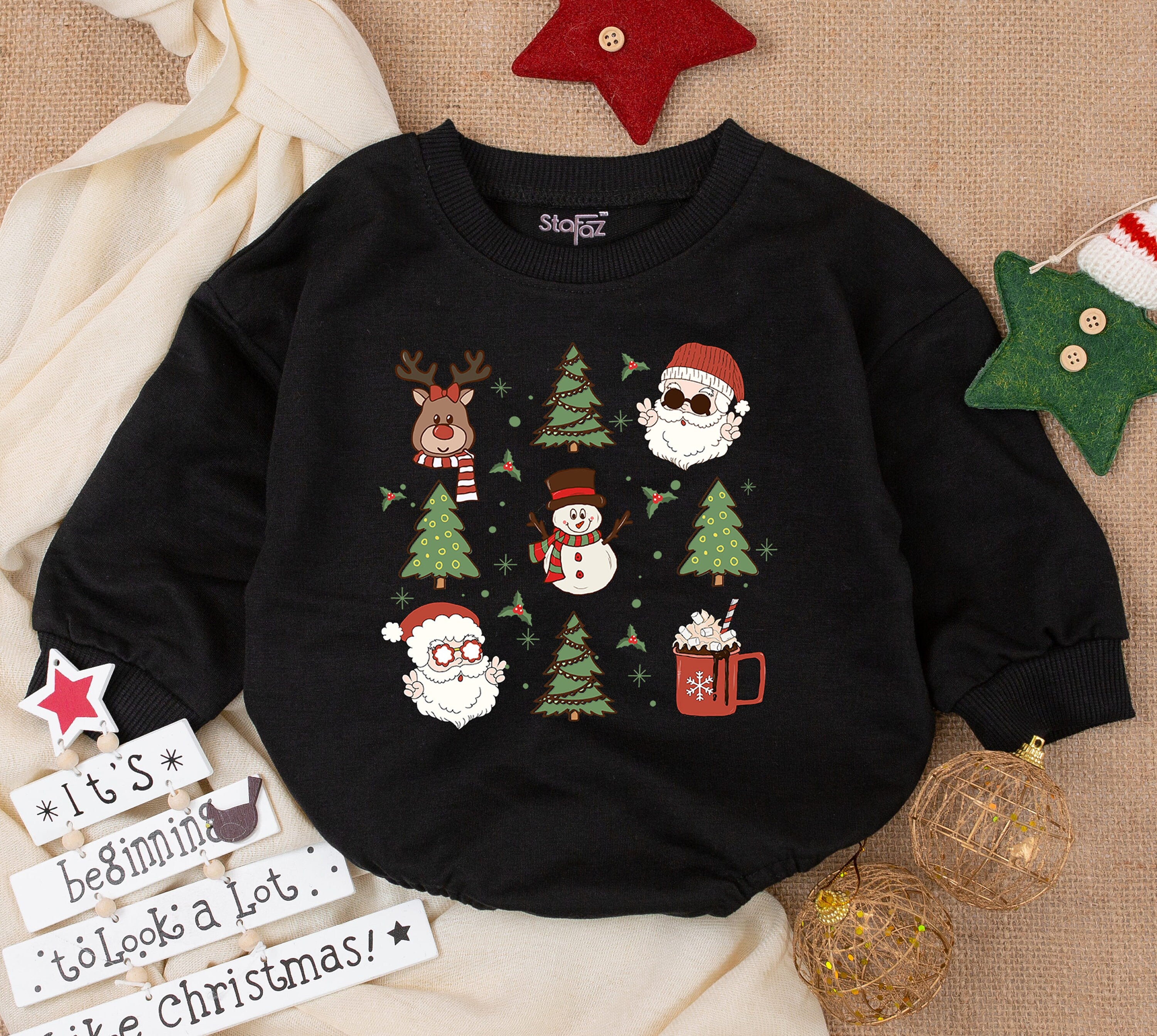 Whimsical Baby Christmas Romper Outfit with Santa Reindeer Trees Gifts First Holiday Newborn Infant Costume Soft Cotton Festive Design
