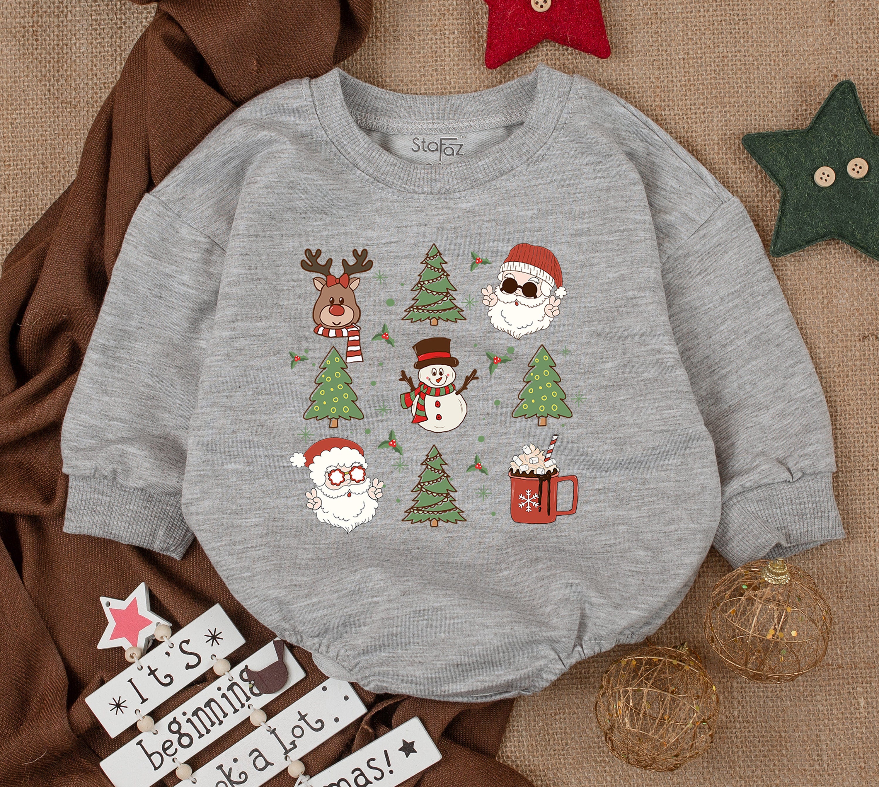 Whimsical Baby Christmas Romper Outfit with Santa Reindeer Trees Gifts First Holiday Newborn Infant Costume Soft Cotton Festive Design