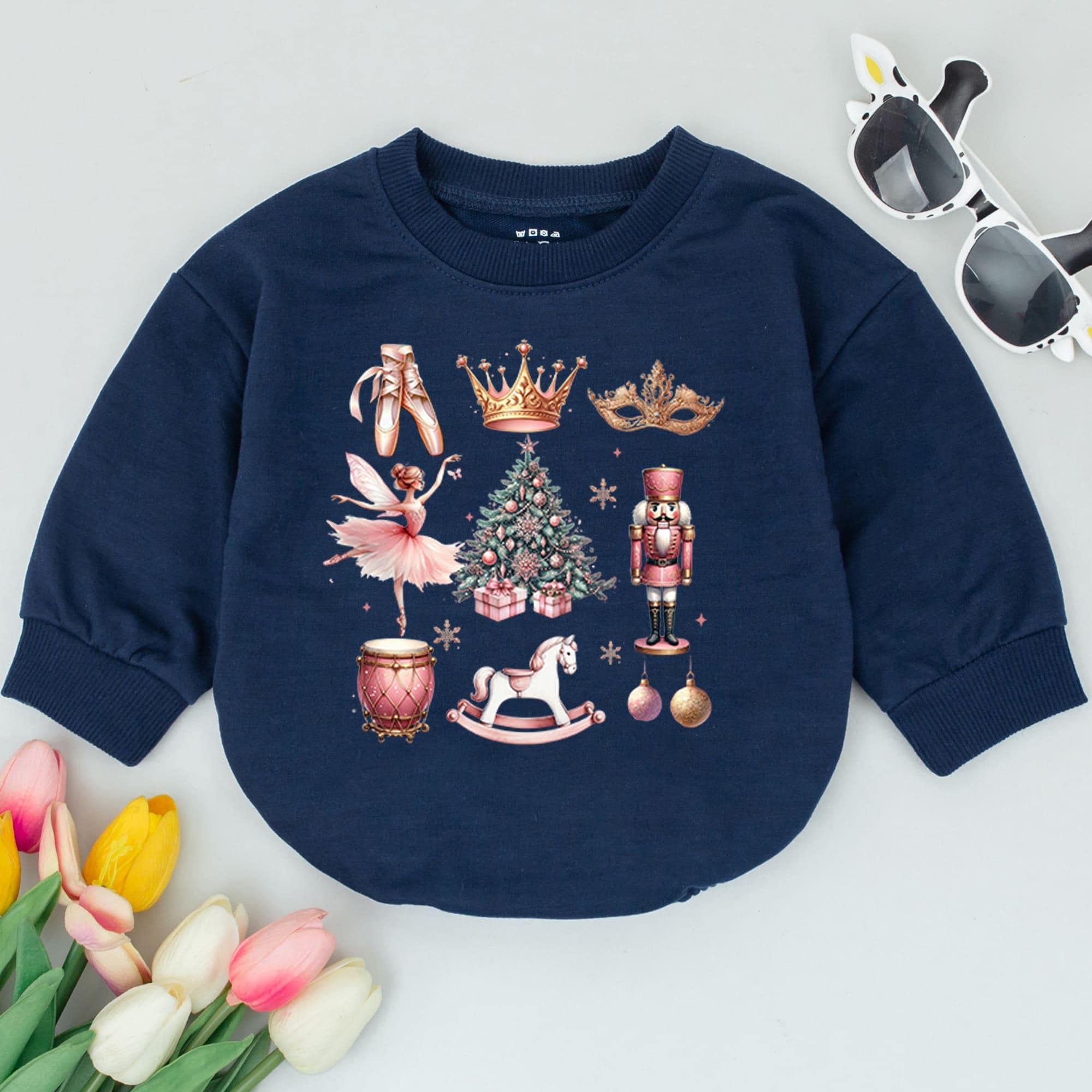 Whimsical Christmas Baby Romper with Ballet Shoes Crown Nutcracker Design Soft Pink Gold Green Holiday Outfit First Christmas Gift