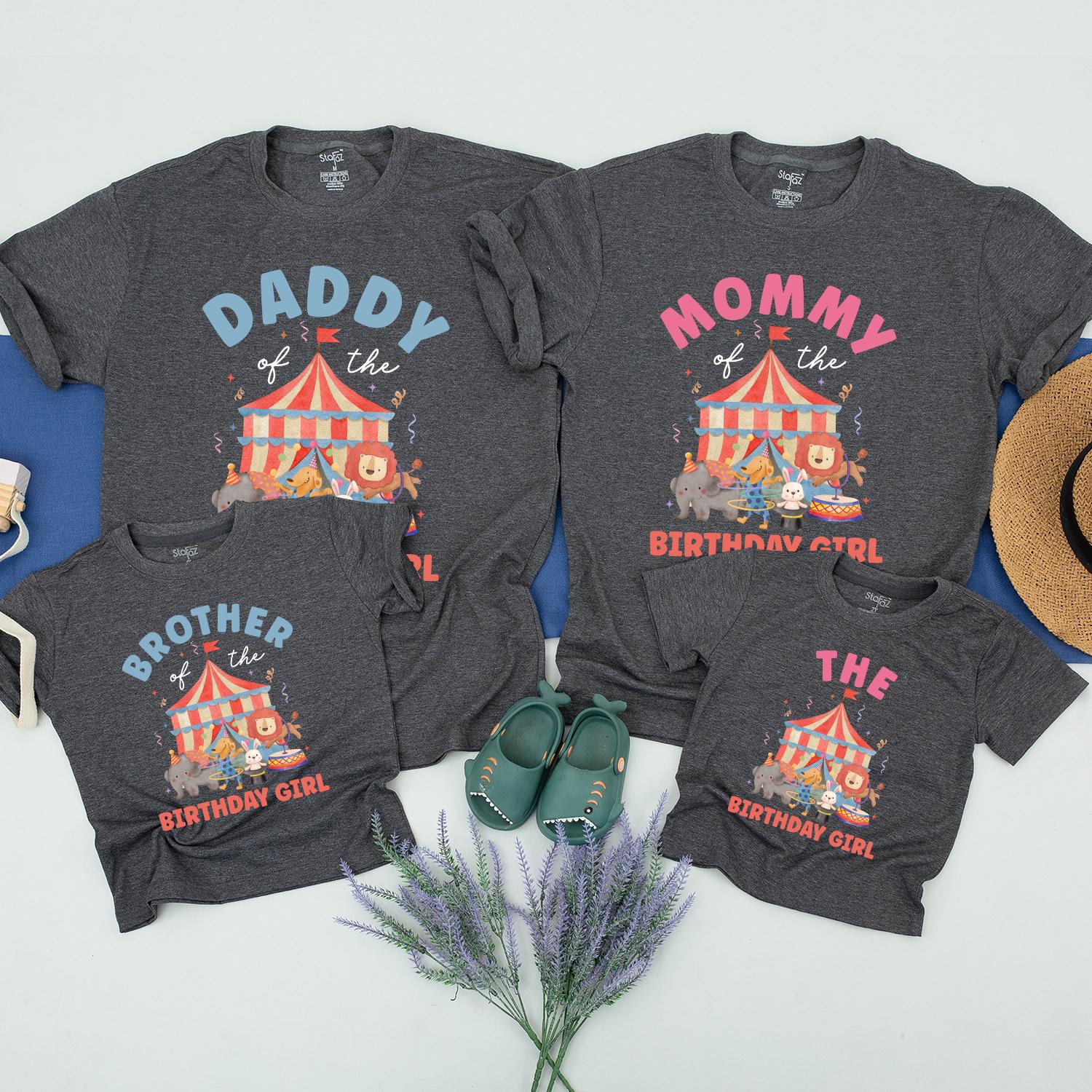 Whimsical Circus Theme Family Birthday Shirts Personalized with Custom Names Red White Tent Design Elephants Balloons Fun Outfit