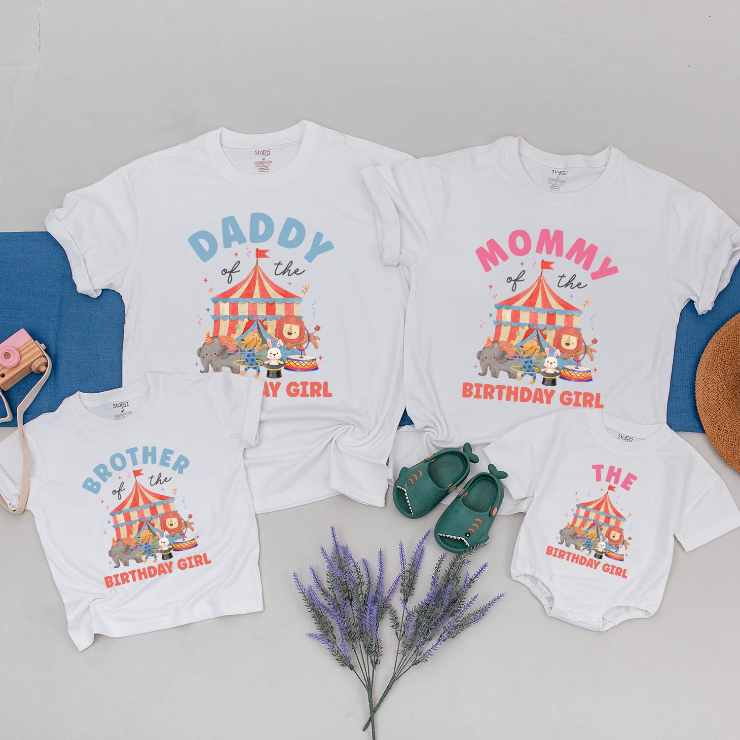 Whimsical Circus Theme Family Birthday Shirts Personalized with Custom Names Red White Tent Design Elephants Balloons Fun Outfit
