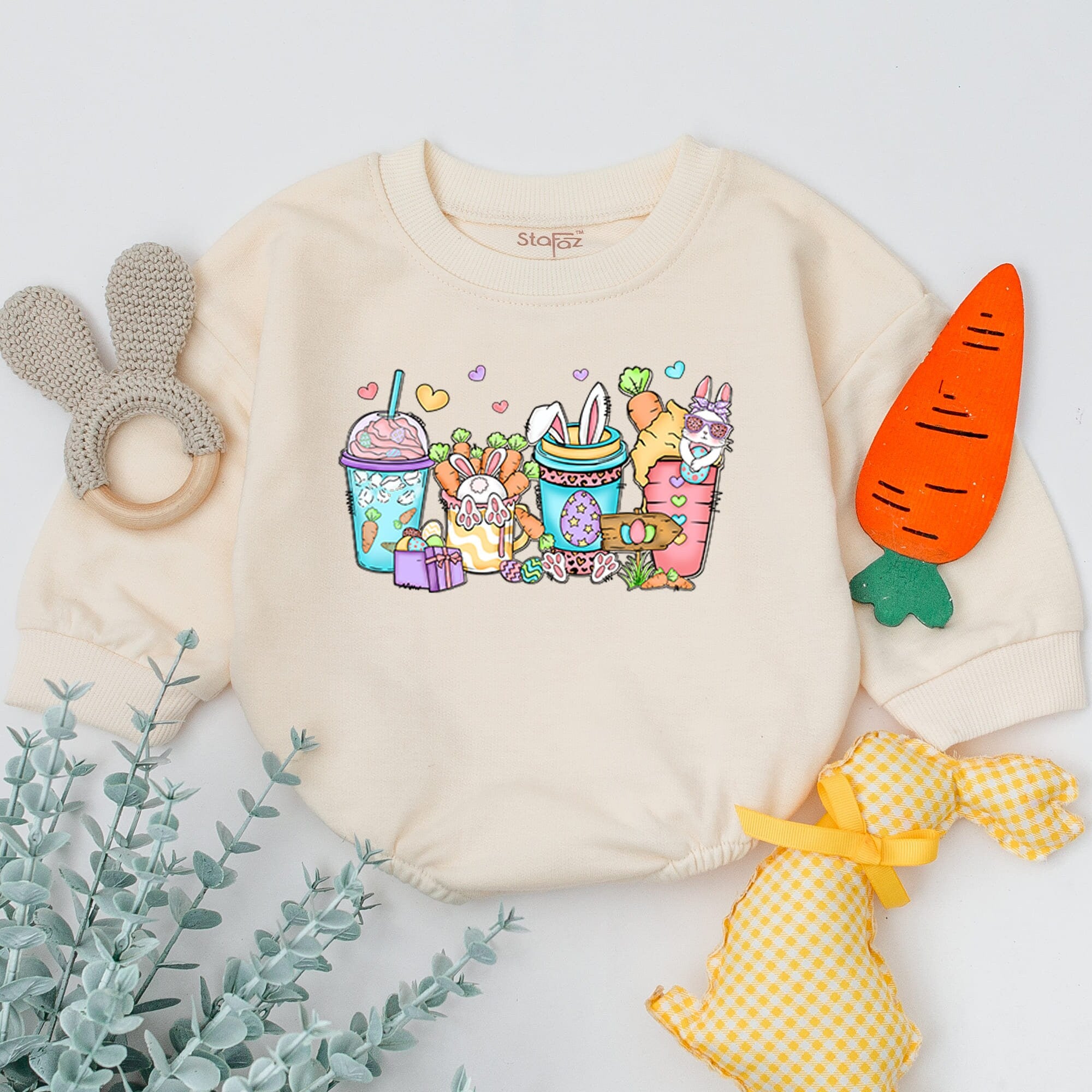 Whimsical Easter Bunny Baby Romper Personalized with Name Cute Bodysuit Infant Gift Soft Cotton Pastel Design with Eggs Hearts Flowers