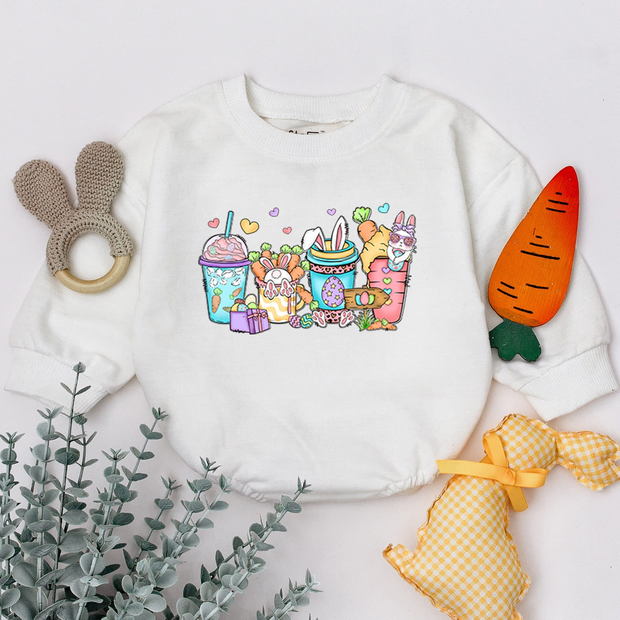 Whimsical Easter Bunny Baby Romper Personalized with Name Cute Bodysuit Infant Gift Soft Cotton Pastel Design with Eggs Hearts Flowers