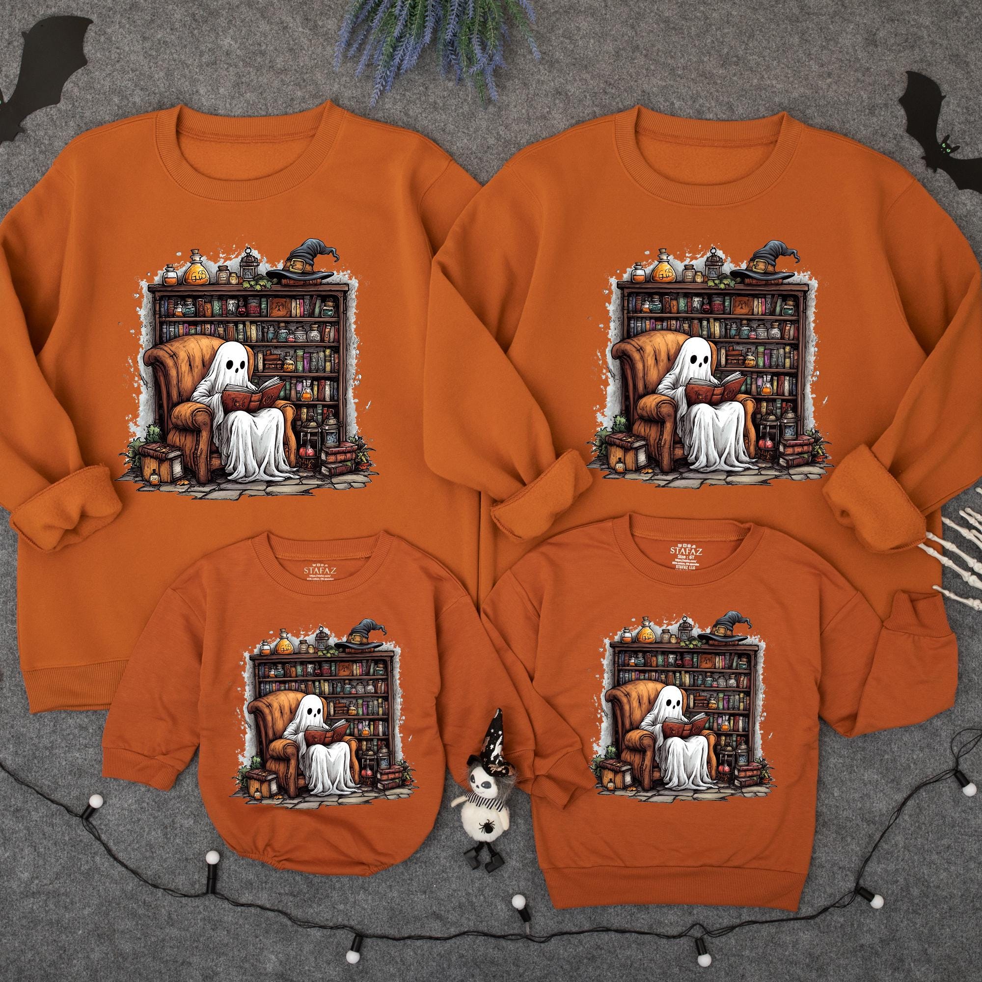 Whimsical Ghost Reading Sweatshirt for Toddler Halloween Cozy Vintage Library Design Soft Cotton Halloween Teacher Baby Romper Gift