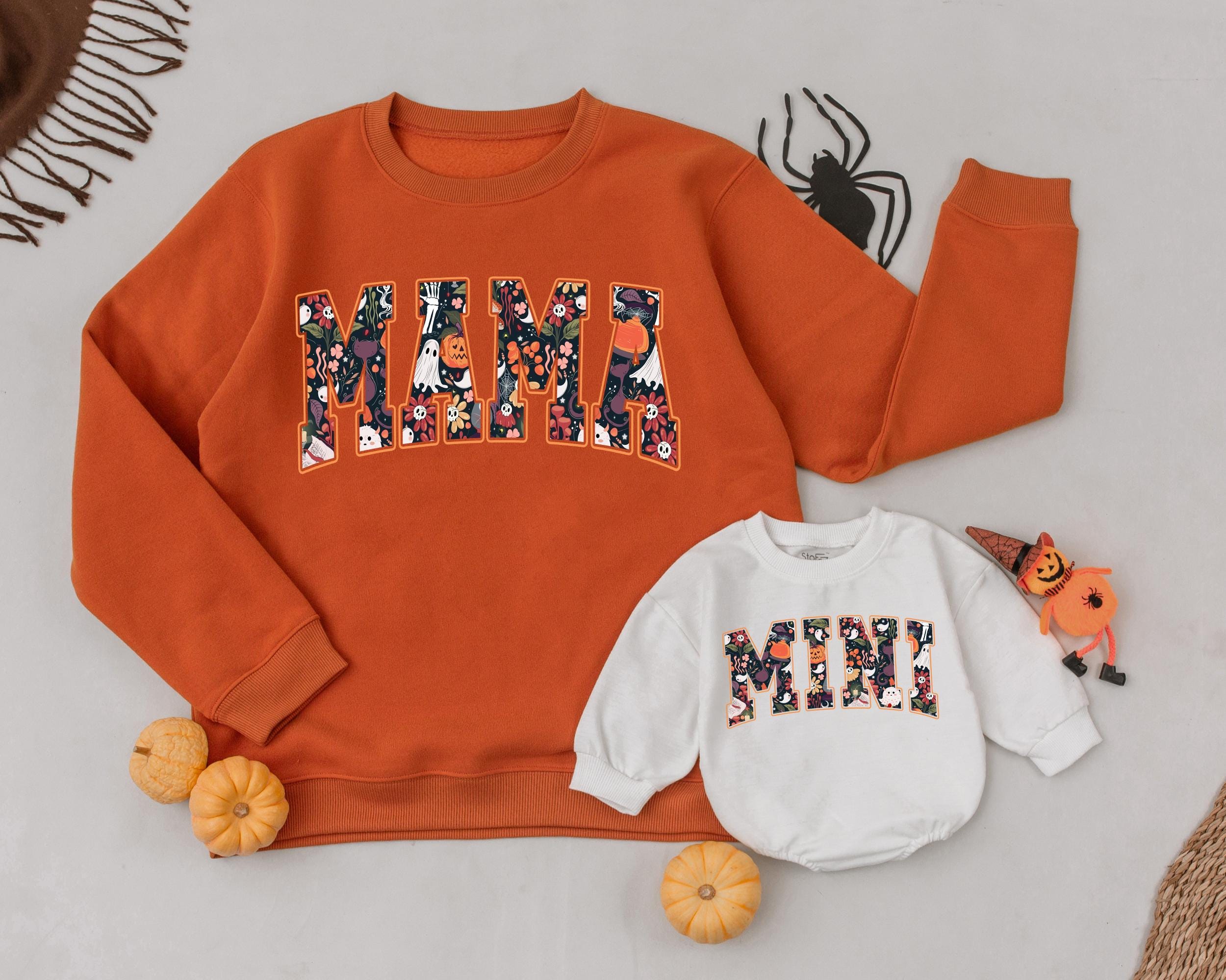 Whimsical Halloween Mama and Mini Sweatshirt Cute Ghost Pumpkin Bat Stars Matching Family Outfit Vintage Fall Festive Design