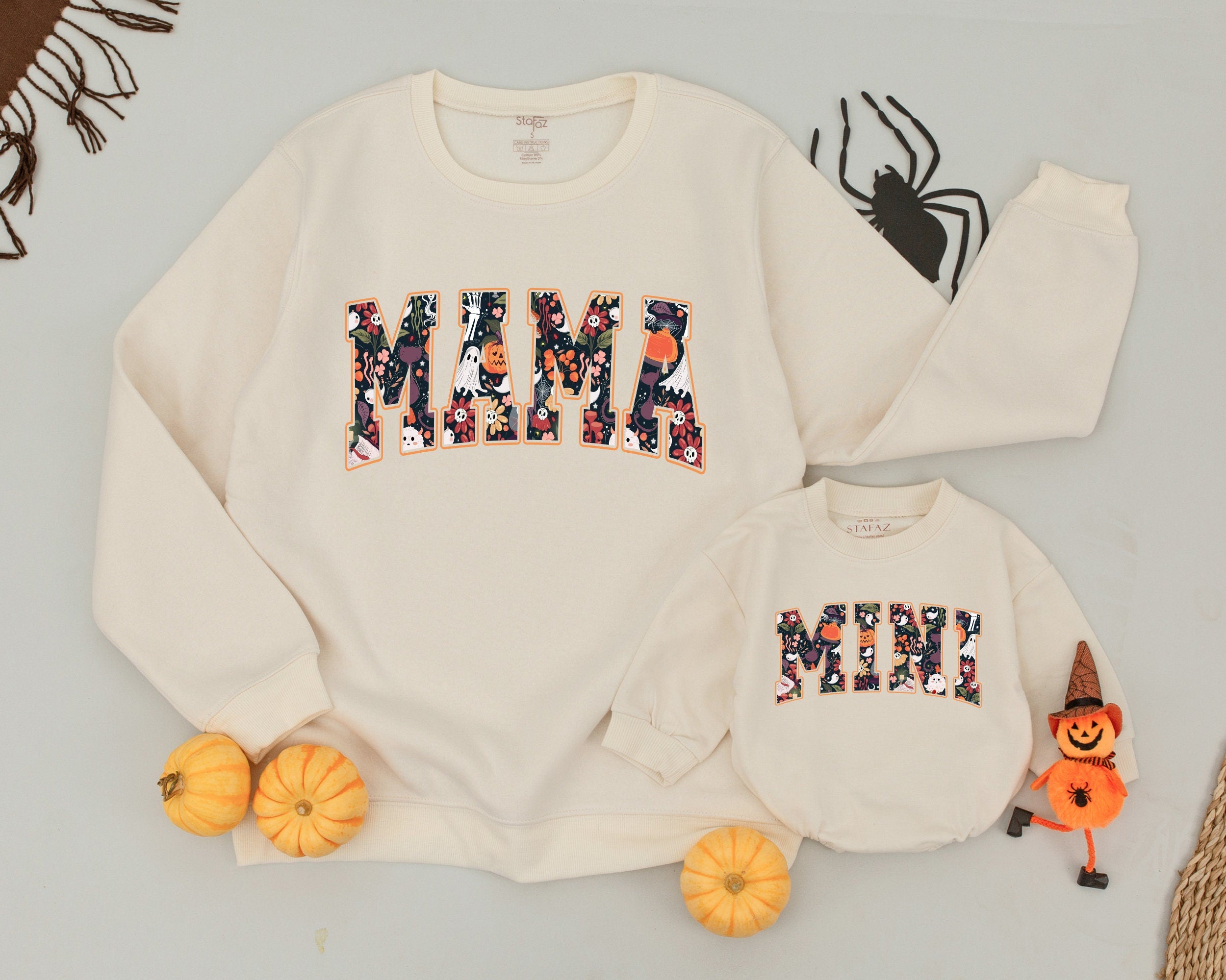 Whimsical Halloween Mama and Mini Sweatshirt Cute Ghost Pumpkin Bat Stars Matching Family Outfit Vintage Fall Festive Design