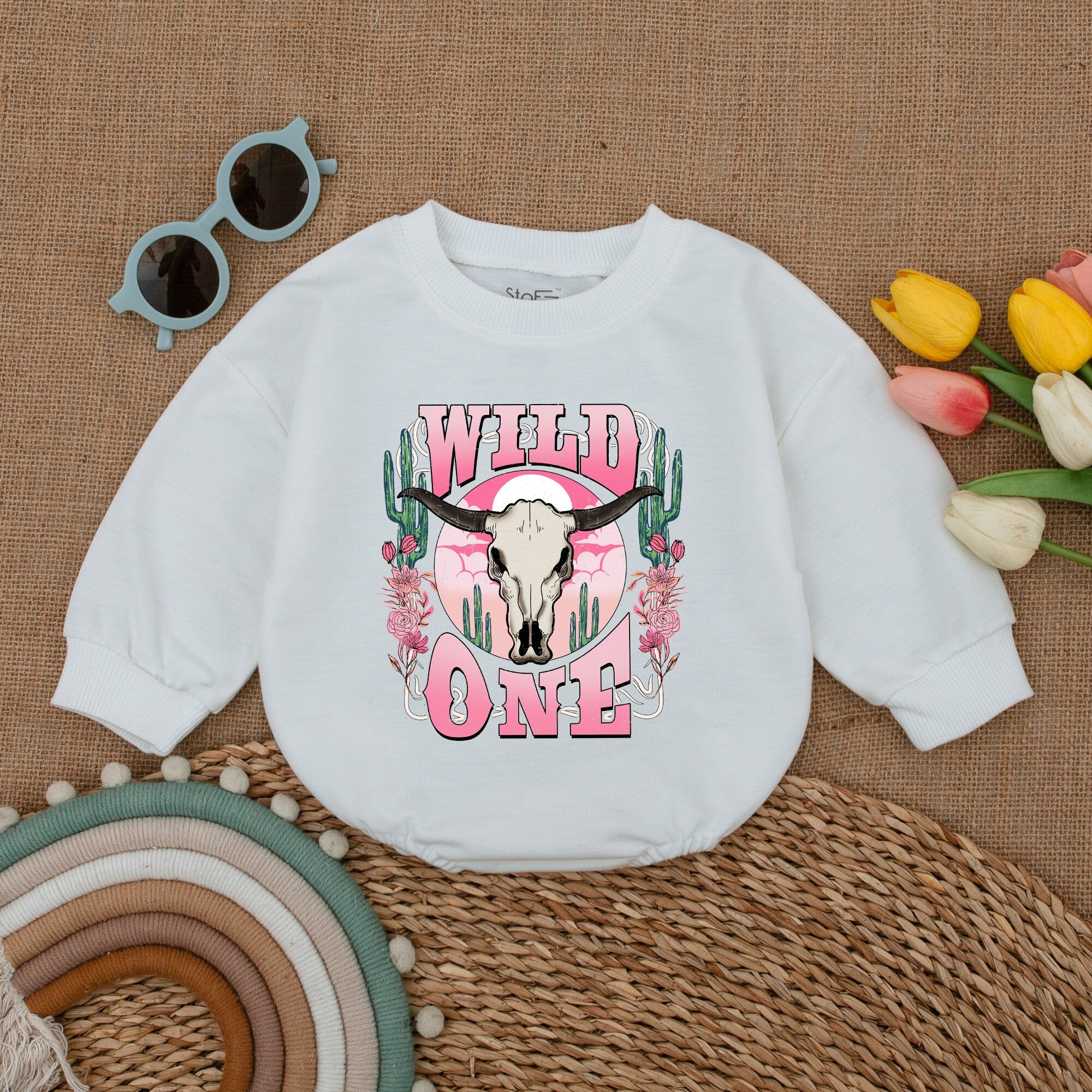 Wild One Baby Romper with Cow Skull Cactus Pink Floral Western Birthday Outfit Soft Cotton Vintage Style First Rodeo Party Gift