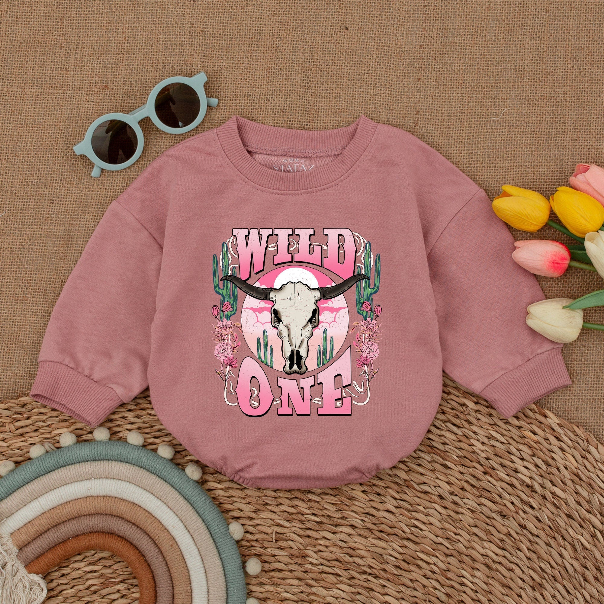 Wild One Baby Romper with Cow Skull Cactus Pink Floral Western Birthday Outfit Soft Cotton Vintage Style First Rodeo Party Gift