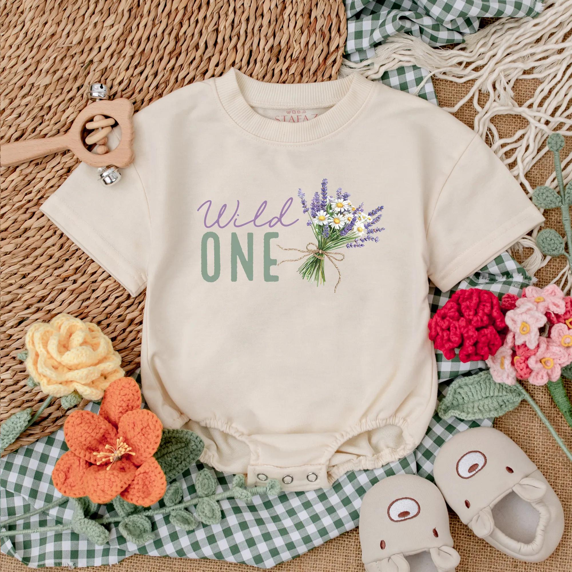 Wild One Baby Romper with Purple Green Wildflowers Boho Vintage Bodysuit for Girls Soft Cotton 1st Birthday Outfit Infant Gift