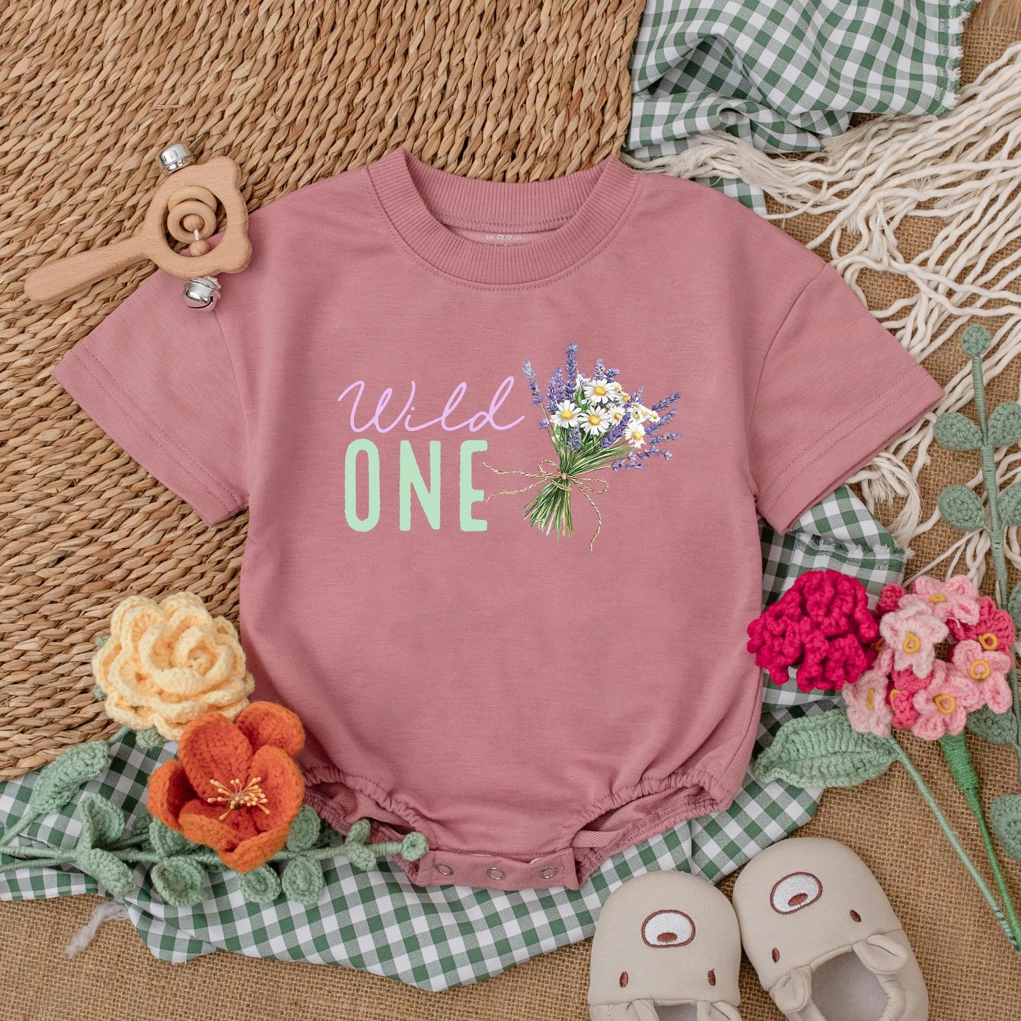 Wild One Baby Romper with Purple Green Wildflowers Boho Vintage Bodysuit for Girls Soft Cotton 1st Birthday Outfit Infant Gift