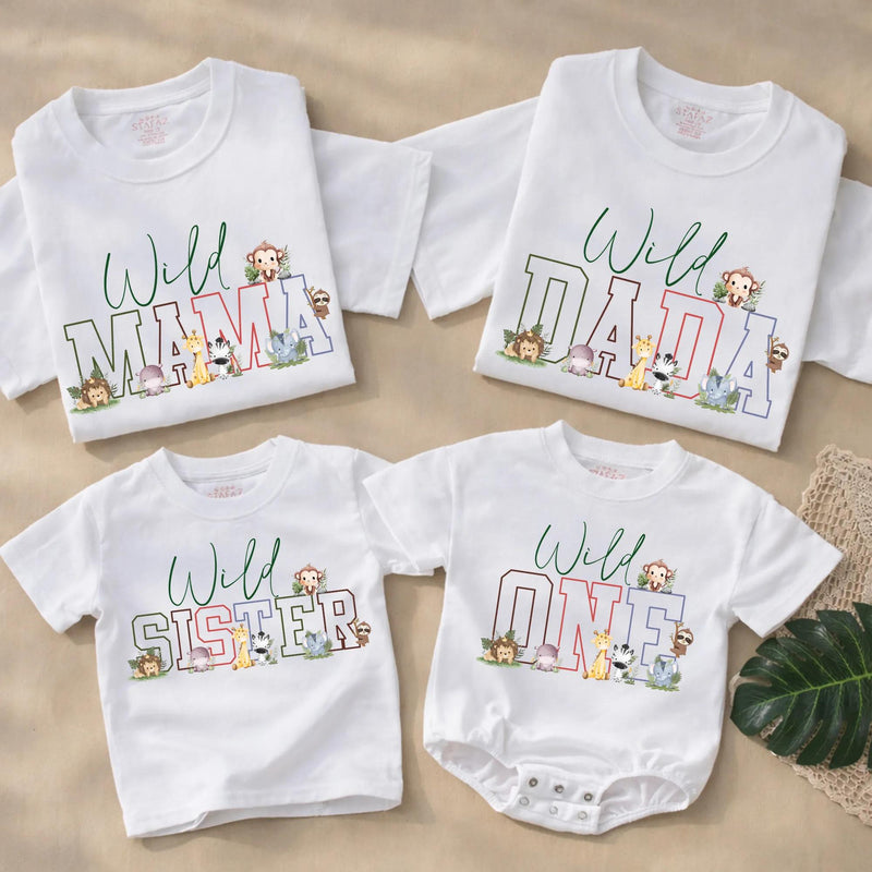 Wild One First Birthday Safari Family Shirts Custom Mama Dada Matching Tees Cute Animal Baby Boy Party Outfit Soft Cotton Design
