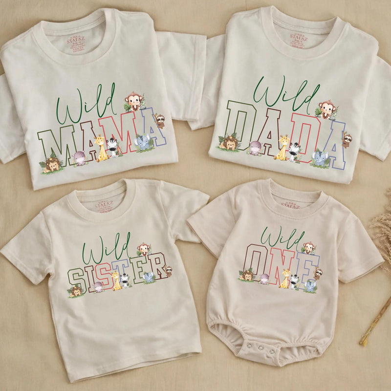Wild One First Birthday Safari Family Shirts Custom Mama Dada Matching Tees Cute Animal Baby Boy Party Outfit Soft Cotton Design