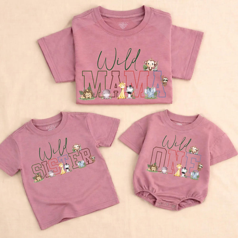 Wild One First Birthday Safari Family Shirts Custom Mama Dada Matching Tees Cute Animal Baby Boy Party Outfit Soft Cotton Design