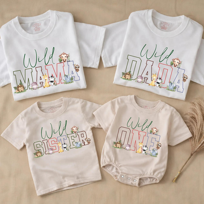 Wild One First Birthday Safari Family Shirts Custom Mama Dada Matching Tees Cute Animal Baby Boy Party Outfit Soft Cotton Design