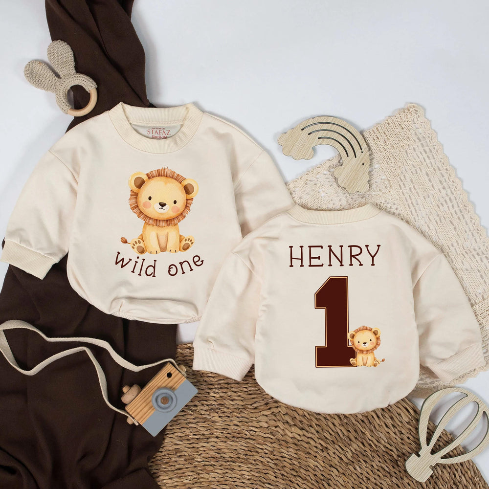 Wild One Lion First Birthday Outfit for Baby Boy Custom Name Romper Jungle Safari Theme Bodysuit Soft Cotton Gift for 1st Birthday