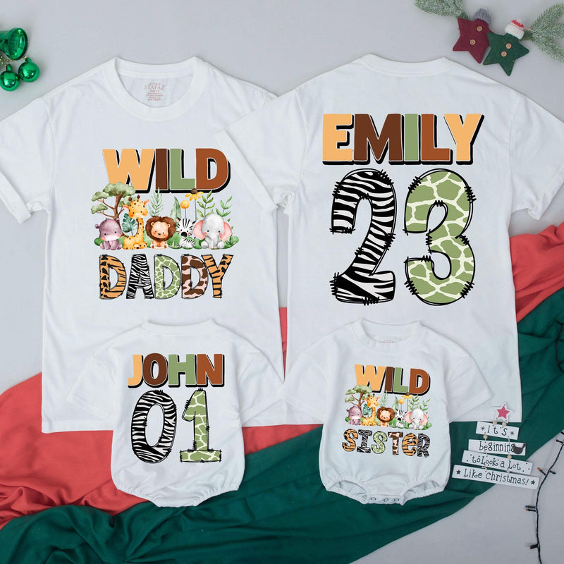 Wild One Matching Family Birthday Shirts Custom Safari Jungle Outfit for 1st Birthday Party with Cute Zoo Animals Mom Dad Baby Toddler