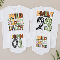 Wild One Matching Family Birthday Shirts Custom Safari Jungle Outfit for 1st Birthday Party with Cute Zoo Animals Mom Dad Baby Toddler