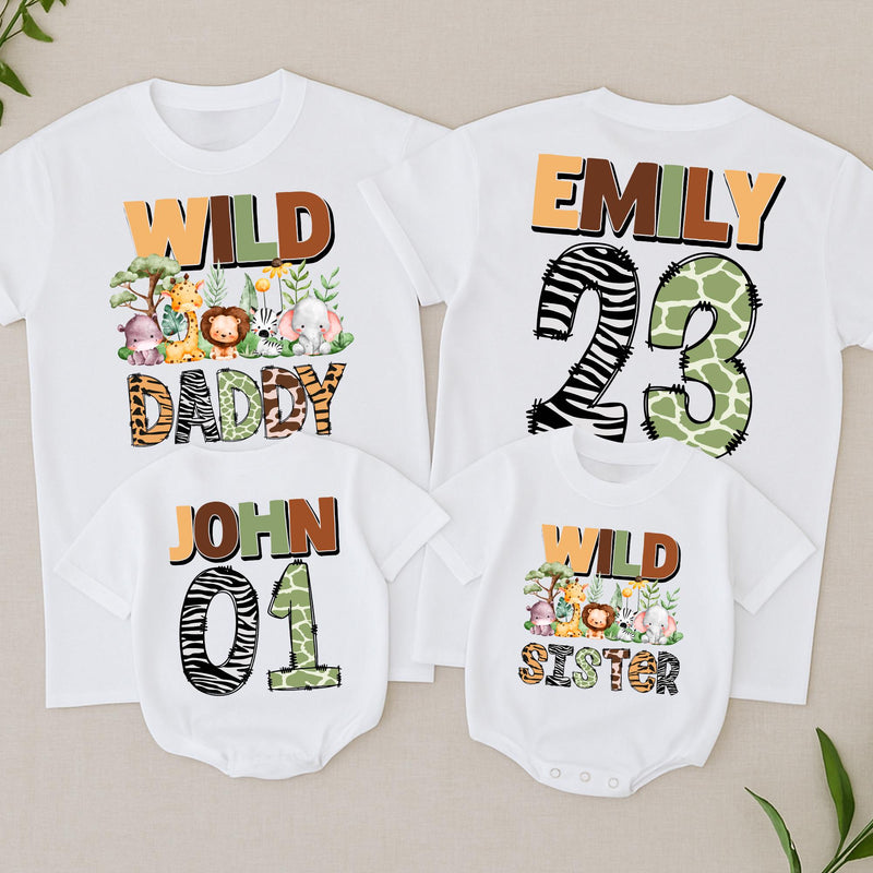 Wild One Matching Family Birthday Shirts Custom Safari Jungle Outfit for 1st Birthday Party with Cute Zoo Animals Mom Dad Baby Toddler