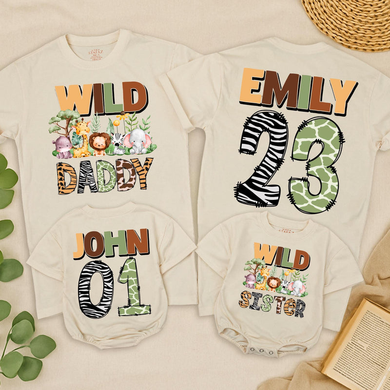 Wild One Matching Family Birthday Shirts Custom Safari Jungle Outfit for 1st Birthday Party with Cute Zoo Animals Mom Dad Baby Toddler