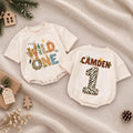 Wild One Safari Baby Romper with Jungle Animal Print, Custom Name and Number for 1st Birthday, Tropical Milestone Outfit
