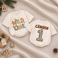 Wild One Safari Baby Romper with Jungle Animal Print, Custom Name and Number for 1st Birthday, Tropical Milestone Outfit
