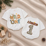Wild One Safari Baby Romper with Jungle Animal Print, Custom Name and Number for 1st Birthday, Tropical Milestone Outfit