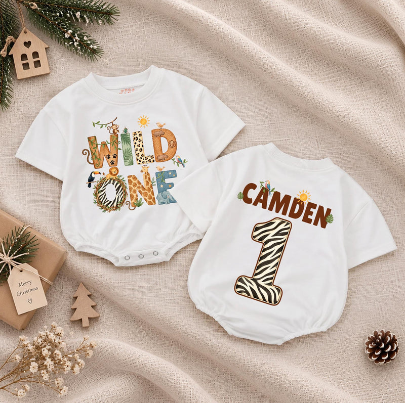 Wild One Safari Baby Romper with Jungle Animal Print, Custom Name and Number for 1st Birthday, Tropical Milestone Outfit