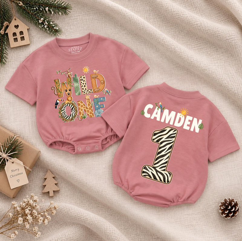 Wild One Safari Baby Romper with Jungle Animal Print, Custom Name and Number for 1st Birthday, Tropical Milestone Outfit