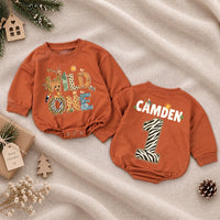 Wild One Safari Baby Romper with Jungle Animal Print, Custom Name and Number for 1st Birthday, Tropical Milestone Outfit